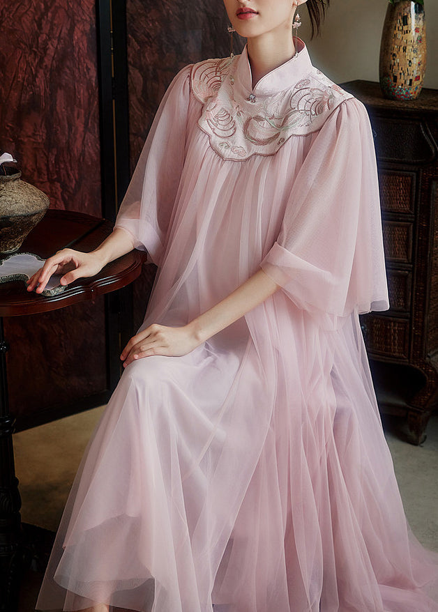 Chinese Style Pink Mandarin Collar Embroidered Tulle Dresses Summer