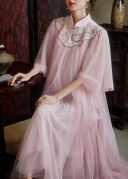 Chinese Style Pink Mandarin Collar Embroidered Tulle Dresses Summer