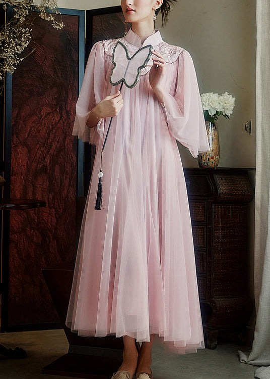 Chinese Style Pink Mandarin Collar Embroidered Tulle Dresses Summer