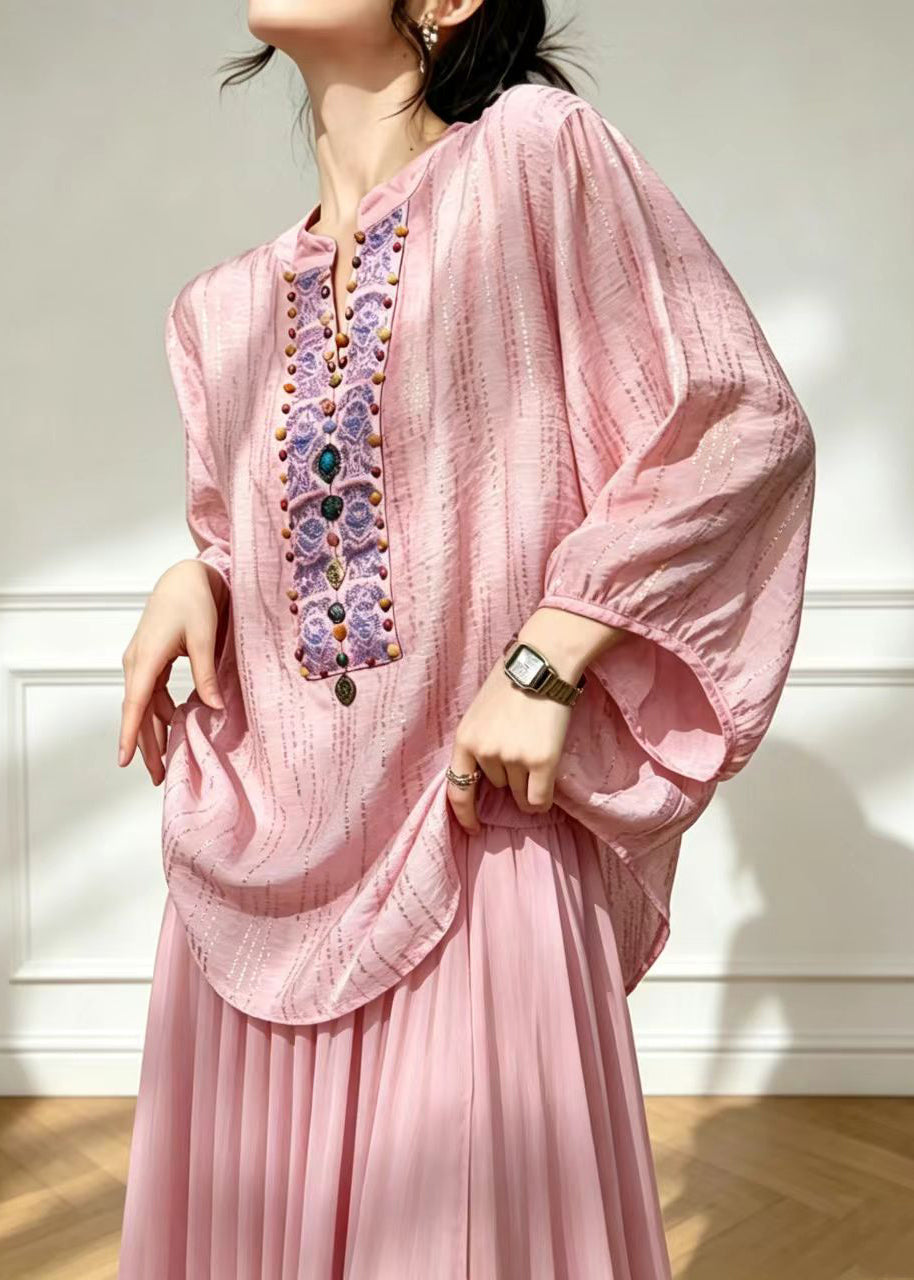 Chinese Style Pink Nail Bead Blouse Tops Lantern Sleeve