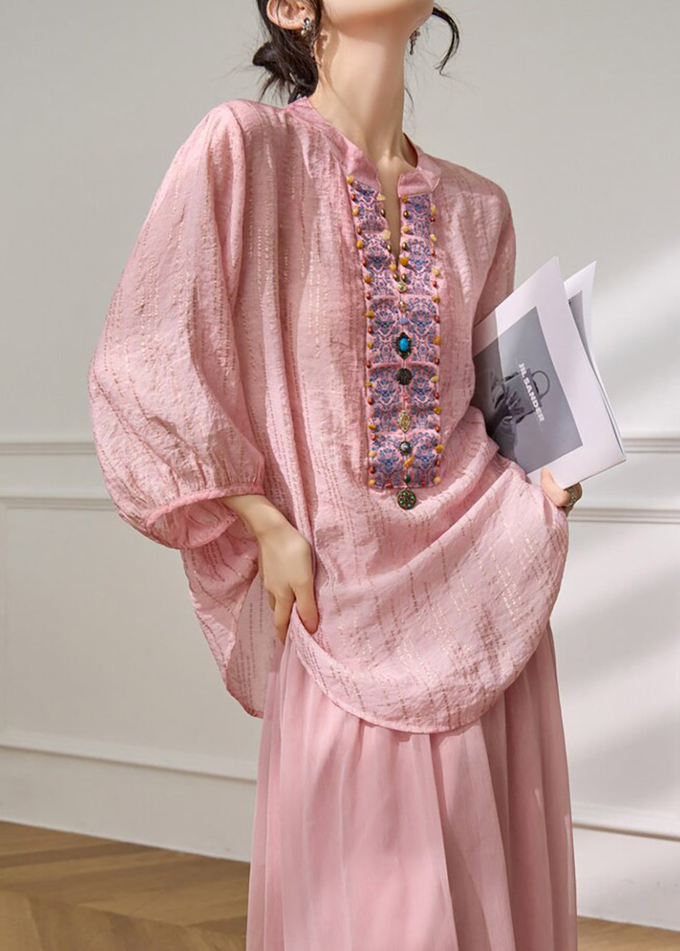 Chinese Style Pink Nail Bead Blouse Tops Lantern Sleeve