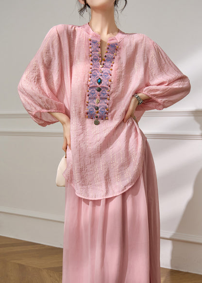 Chinese Style Pink Nail Bead Blouse Tops Lantern Sleeve