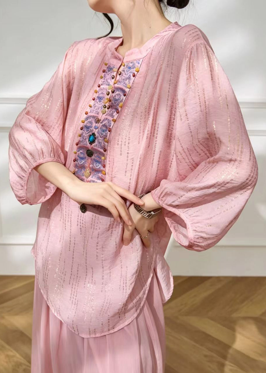 Chinese Style Pink Nail Bead Blouse Tops Lantern Sleeve