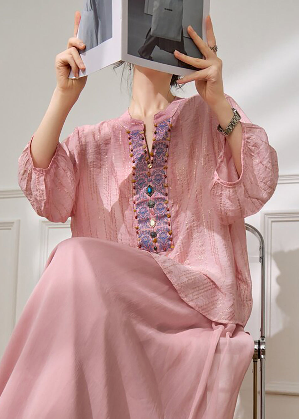 Chinese Style Pink Nail Bead Blouse Tops Lantern Sleeve