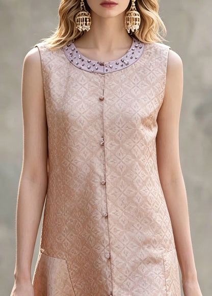 Chinese Style Pink Nail Bead Patchwork Mid Dress Sleeveless