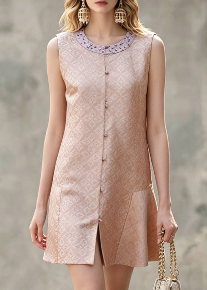 Chinese Style Pink Nail Bead Patchwork Mid Dress Sleeveless