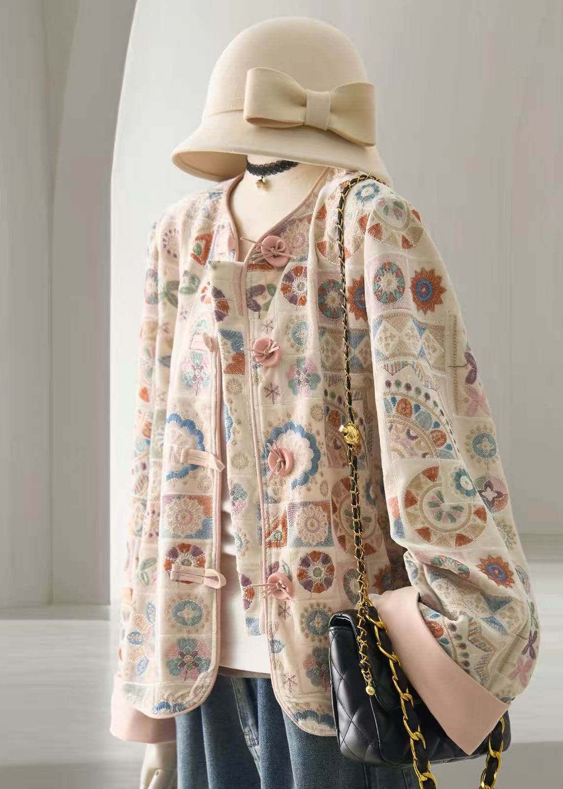 Chinese Style Pink O-Neck Embroidered Short Coat Long Sleeve