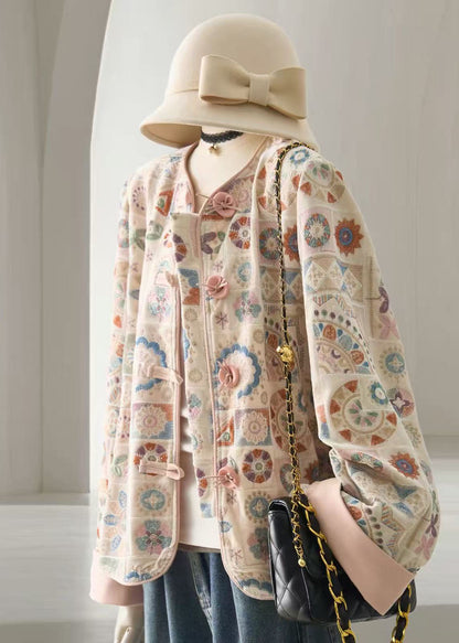 Chinese Style Pink O-Neck Embroidered Short Coat Long Sleeve