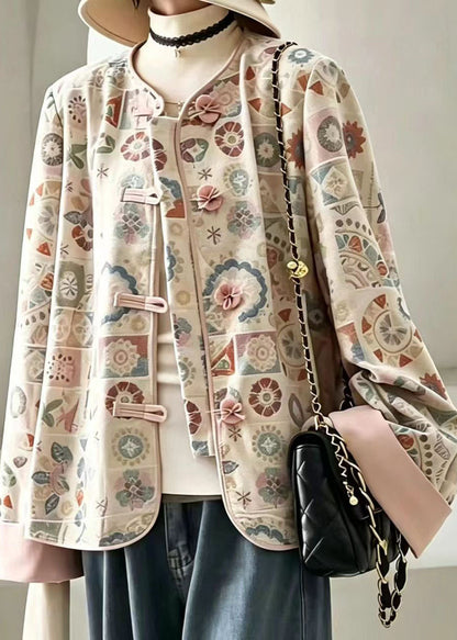 Chinese Style Pink O-Neck Embroidered Short Coat Long Sleeve