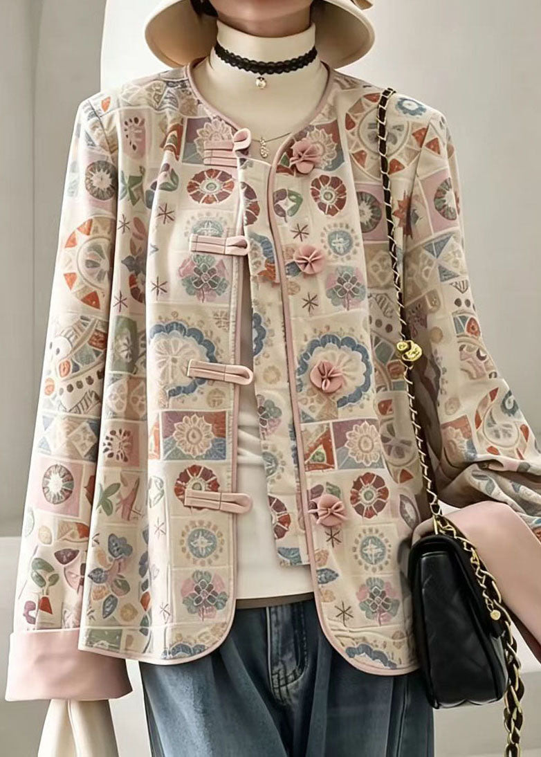 Chinese Style Pink O-Neck Embroidered Short Coat Long Sleeve