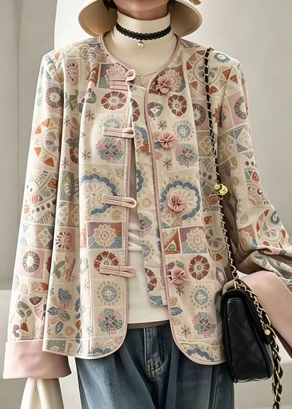 Chinese Style Pink O-Neck Embroidered Short Coat Long Sleeve