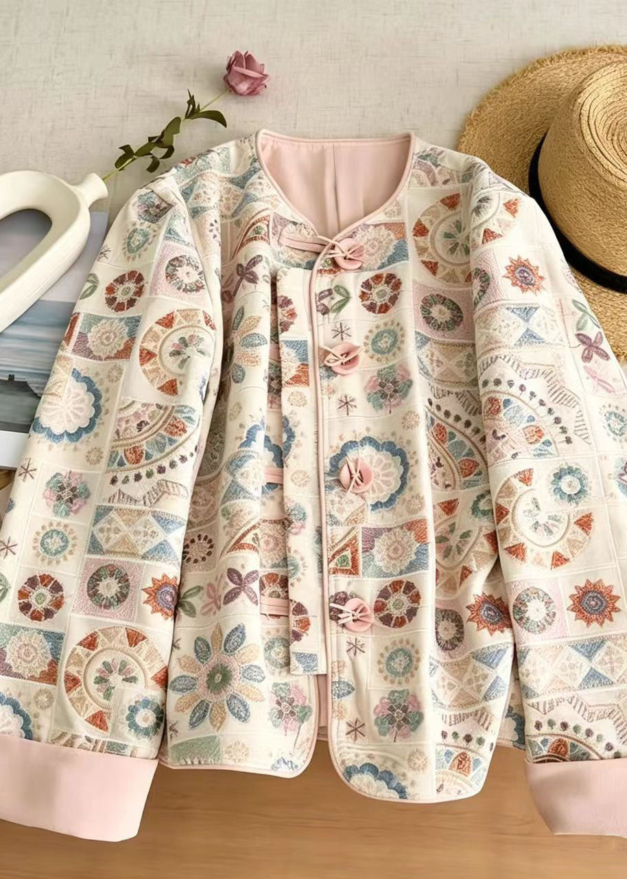 Chinese Style Pink O-Neck Embroidered Short Coat Long Sleeve