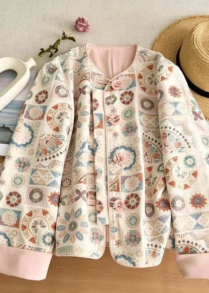 Chinese Style Pink O-Neck Embroidered Short Coat Long Sleeve
