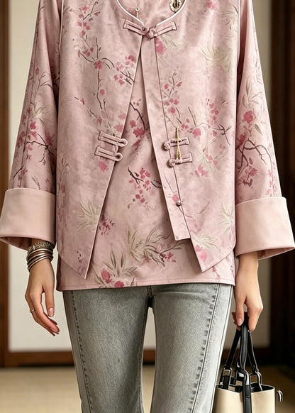 Chinese Style Pink Print Waistcoat And Shirt Two Pieces Set Long Sleeve
