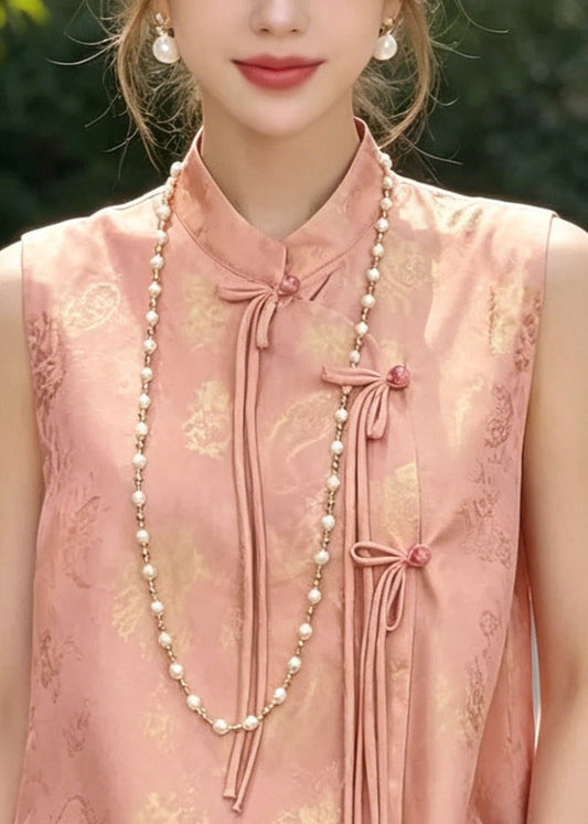 Chinese Style Pink Stand Collar Jacquard Silk Vest Tops Spring