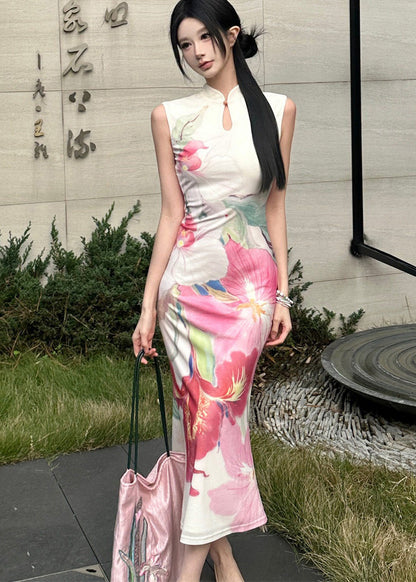 Chinese Style Pink Stand Collar Print Tulle Dress Summer