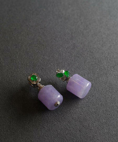 Chinese Style Purple Alloy Zircon Jade Bucket Bead Stud Earrings