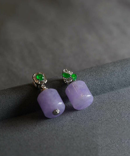 Chinese Style Purple Alloy Zircon Jade Bucket Bead Stud Earrings