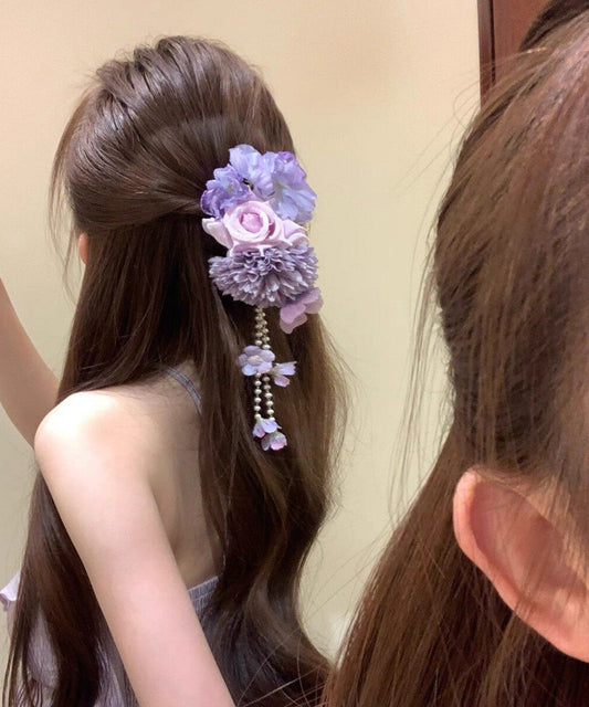 Chinese Style Purple Cloth Floral Beading Tassel Hairpin
