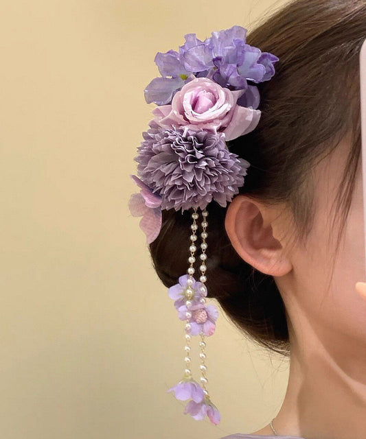 Chinese Style Purple Cloth Floral Beading Tassel Hairpin