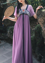 Load image into Gallery viewer, Chinese Style Purple Embroidered Wrinkled Chiffon Long Dress Summer