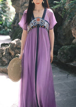 Load image into Gallery viewer, Chinese Style Purple Embroidered Wrinkled Chiffon Long Dress Summer