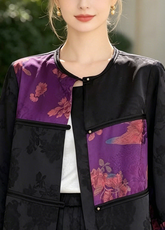 Chinese Style Purple Jacquard Patchwork Silk Coats Bracelet Sleeve