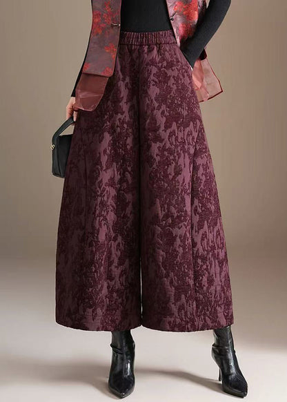 Chinese Style Purple Jacquard Pockets High Waist Wide Leg Crop Pants Fall