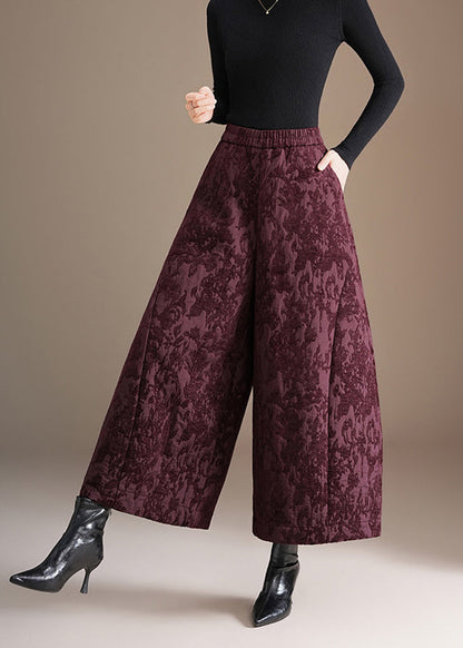 Chinese Style Purple Jacquard Pockets High Waist Wide Leg Crop Pants Fall