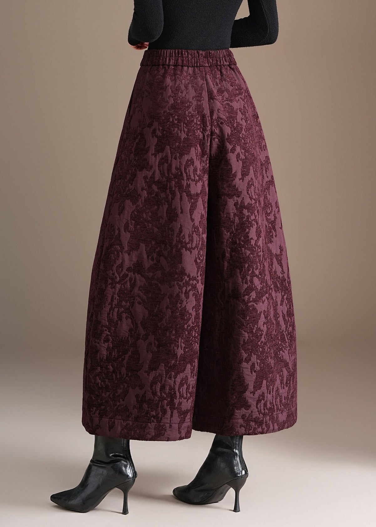 Chinese Style Purple Jacquard Pockets High Waist Wide Leg Crop Pants Fall