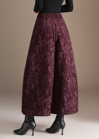 Chinese Style Purple Jacquard Pockets High Waist Wide Leg Crop Pants Fall
