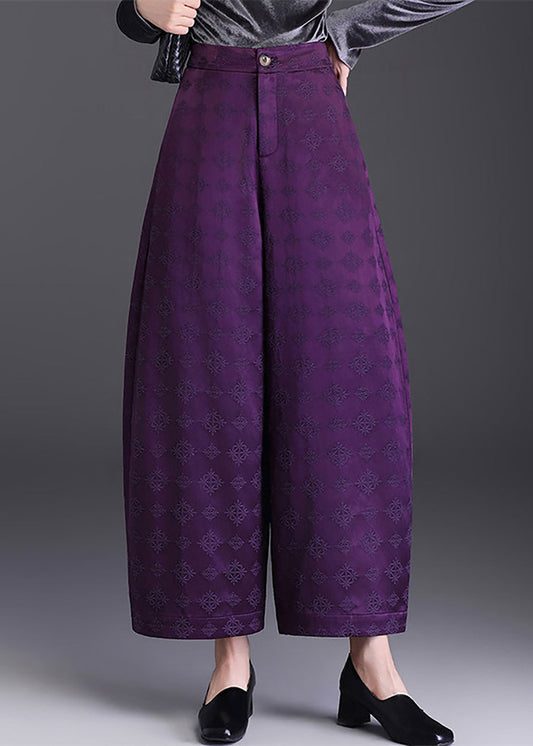 Chinese Style Purple Pockets High Waist Wide Leg Crop Pants Fall