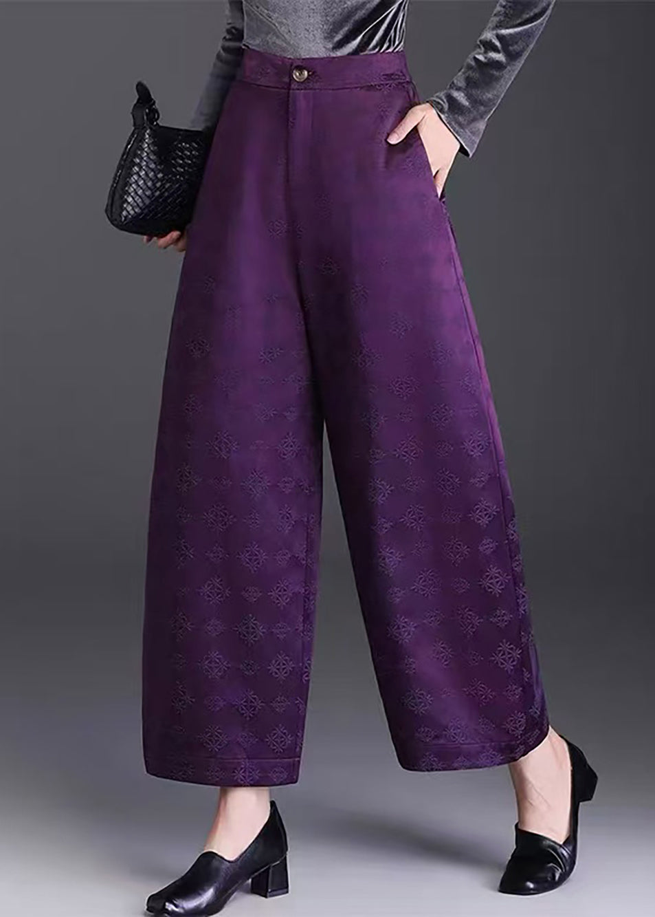 Chinese Style Purple Pockets High Waist Wide Leg Crop Pants Fall