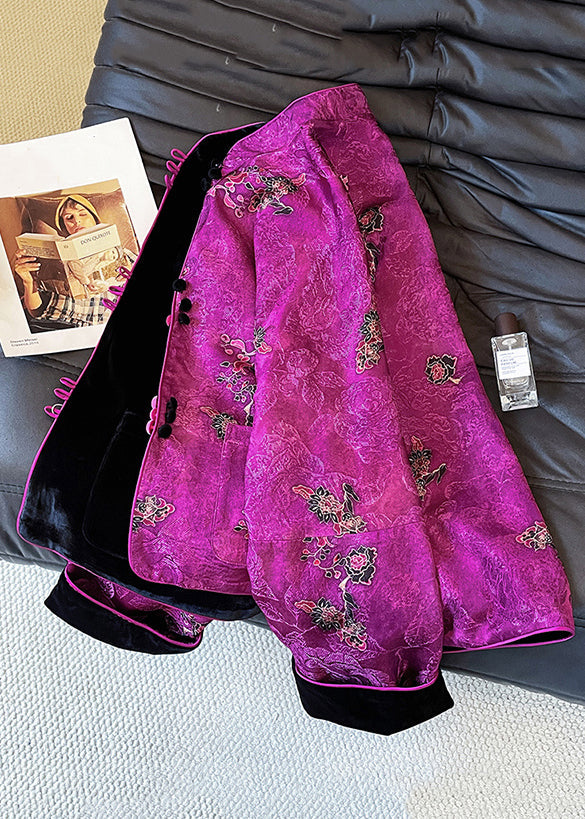 Chinese Style Purple Print Wear On Both Sides Silk Velvet Coat Fall