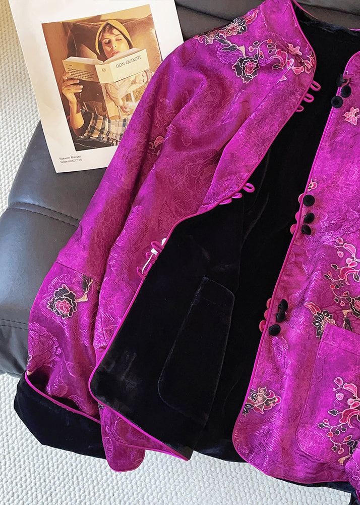 Chinese Style Purple Print Wear On Both Sides Silk Velvet Coat Fall