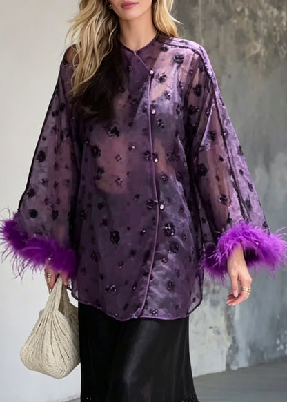 Chinese Style Purple Sequins Feathers Top And Tassel Skirts Two Piece Set Long Sleeve