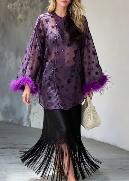 Chinese Style Purple Sequins Feathers Top And Tassel Skirts Two Piece Set Long Sleeve