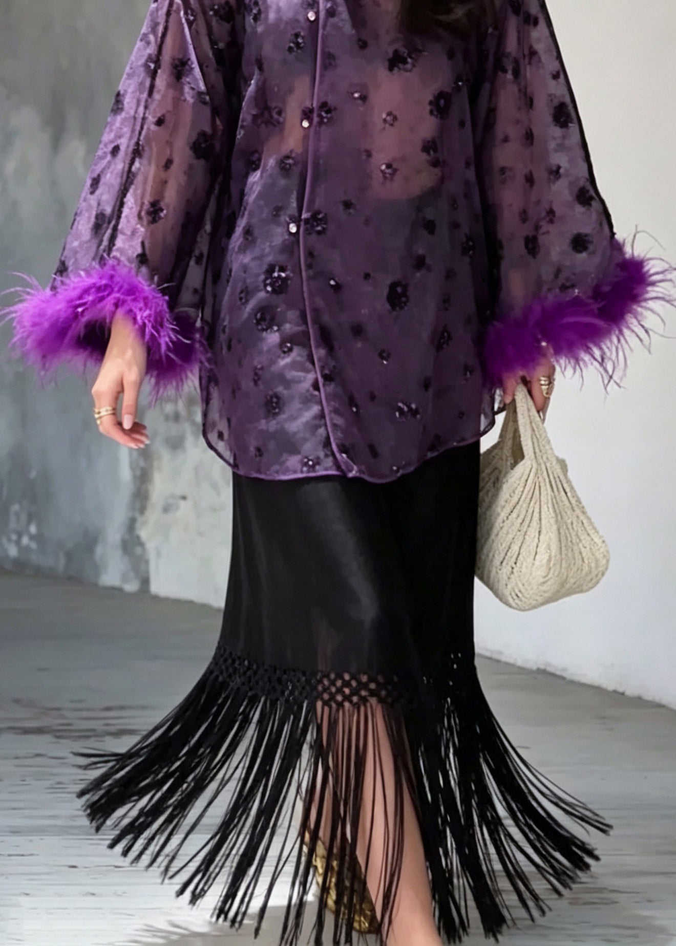 Chinese Style Purple Sequins Feathers Top And Tassel Skirts Two Piece Set Long Sleeve