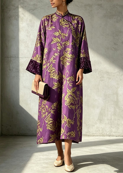 Chinese Style Purple Sequins Print Dress Long Sleeve