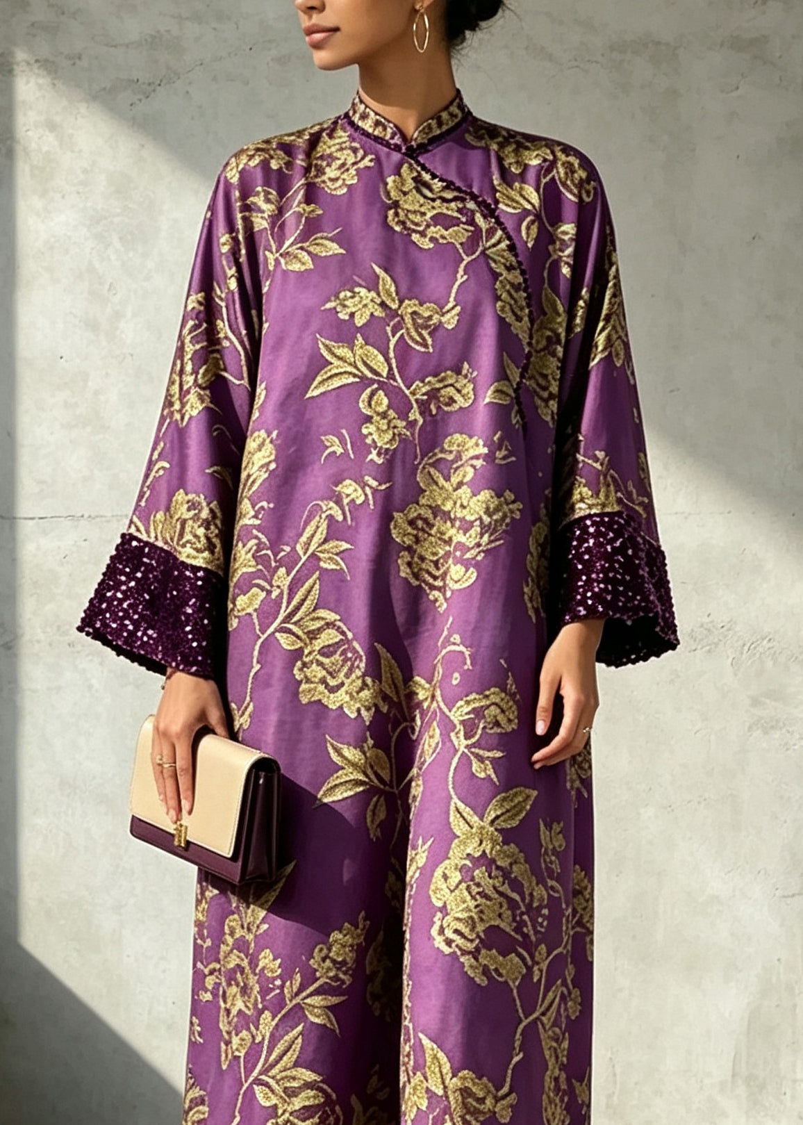 Chinese Style Purple Sequins Print Dress Long Sleeve