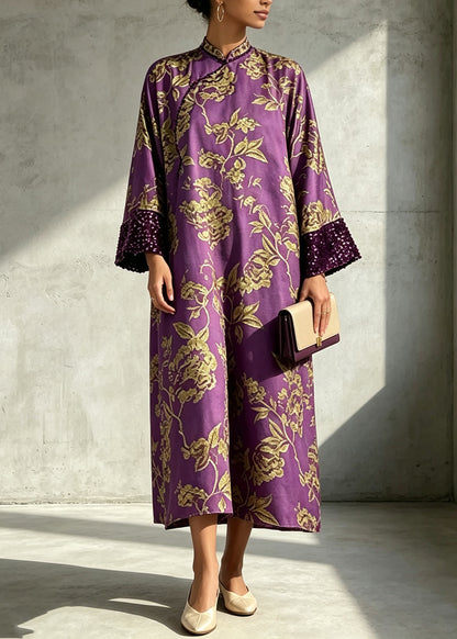 Chinese Style Purple Sequins Print Dress Long Sleeve