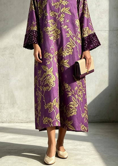 Chinese Style Purple Sequins Print Dress Long Sleeve