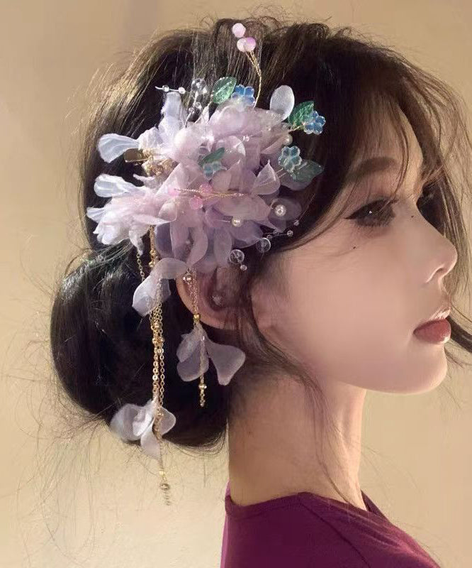 Chinese Style Purple Sterling Silver Overgild Floral Tassel Hairpin