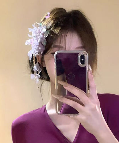 Chinese Style Purple Sterling Silver Overgild Floral Tassel Hairpin