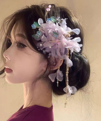 Chinese Style Purple Sterling Silver Overgild Floral Tassel Hairpin