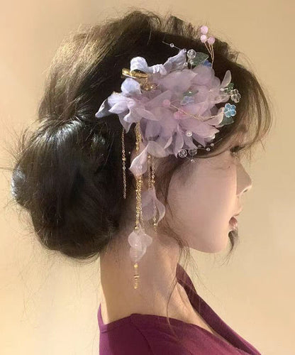Chinese Style Purple Sterling Silver Overgild Floral Tassel Hairpin
