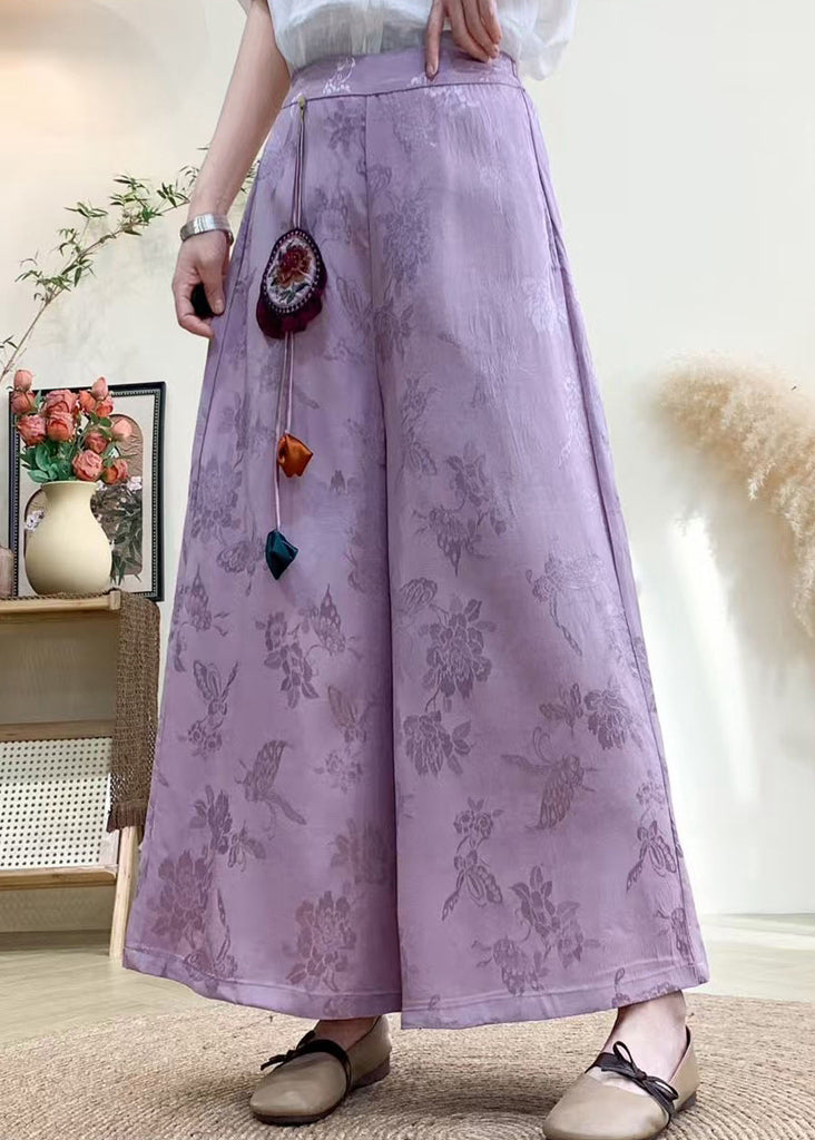 Chinese Style Purple Tassel Pockets Jacquard Silk Pants Fall