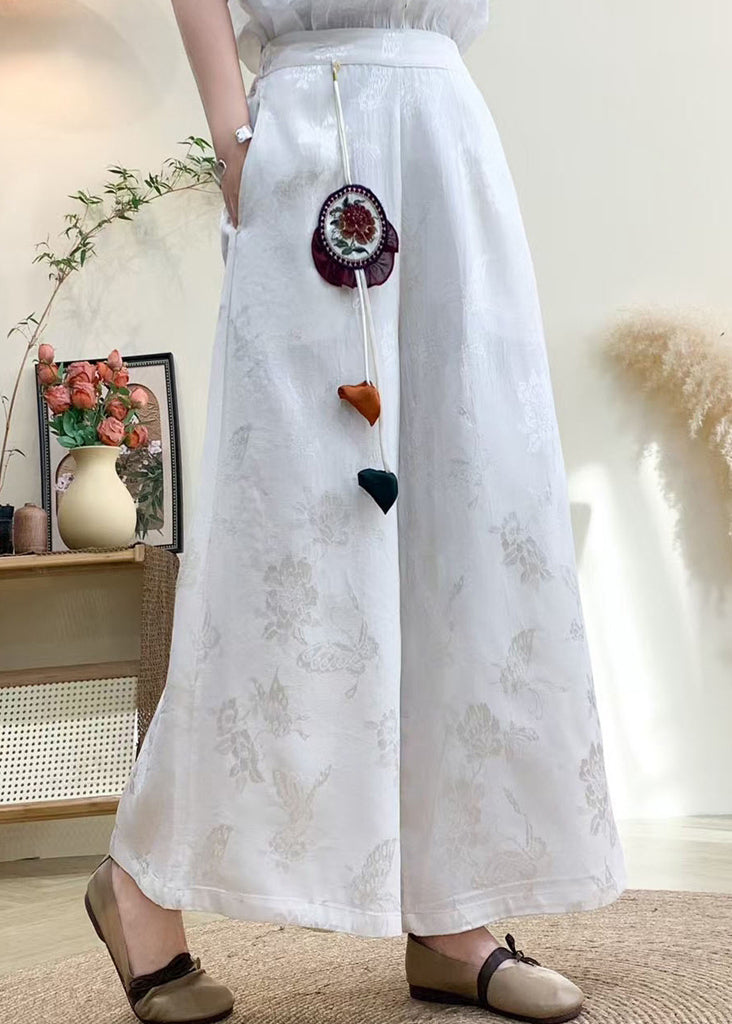 Chinese Style Purple Tassel Pockets Jacquard Silk Pants Fall