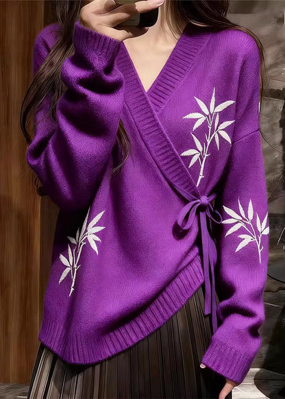 Chinese Style Purple Tie Waist Thick Print Cotton Knit Sweater Tops Fall