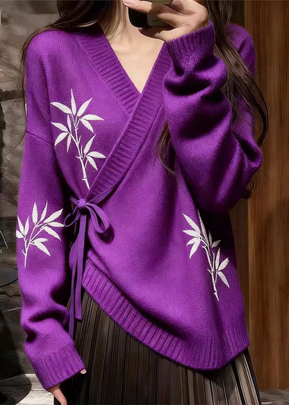 Chinese Style Purple Tie Waist Thick Print Cotton Knit Sweater Tops Fall